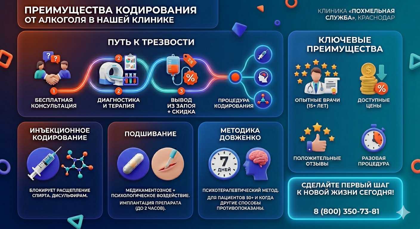 Инфографика о методах кодирования от алкоголя в Толбазах: инъекции, подшивание, метод Довженко. Преимущества клиники и этапы лечения.