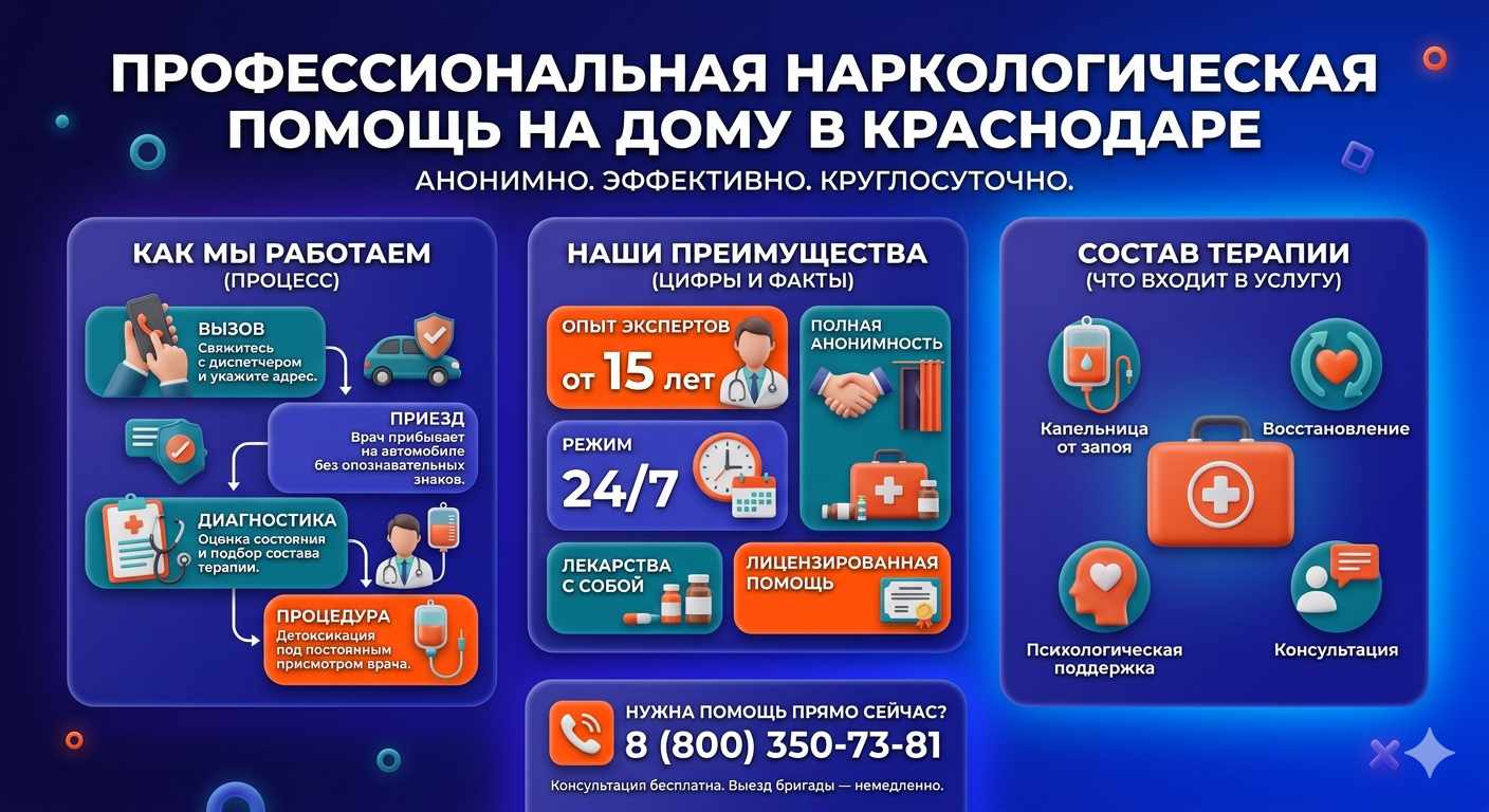 Инфографика о принципах лечения алкоголизма на дому в Толбазах: этапы вызова нарколога, преимущества анонимной детоксикации и состав медицинской помощи.
